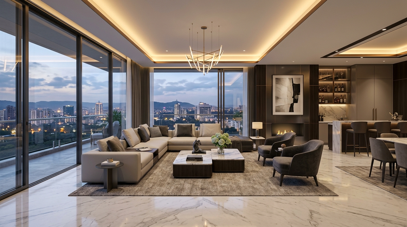 Italian Statuario Marble Living Salon & Pune Skyline Terrace